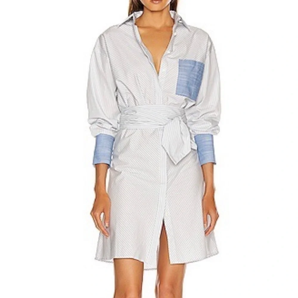 Frame contrast striped wrapped tie waist shirt dress button up pocket - Picture 1 of 12